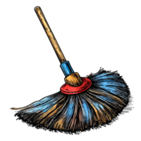 Hand Drawn Broom with Wooden Handle and Blue Bristles png