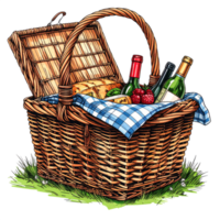 Brown Wicker Picnic Basket with Wine and Cheese png