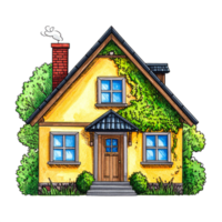 Yellow Cottage with Green Vines and Brick Chimney png