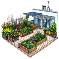 Vibrant Rooftop Garden with Raised Planter Boxes png