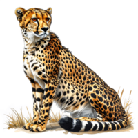 Alert Cheetah Sitting in Grass with Blue Flowers png