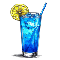 Blue Cocktail with Lemon and Ice in Tall Glass png