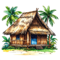 Tropical Bamboo Hut with Thatched Roof and Palm Trees png