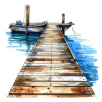 Wooden Dock Extending to a Small Boat on Calm Water png