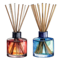 Two Watercolor Reed Diffusers with Red and Blue Liquid png