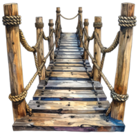 Rustic Wooden Bridge with Rope Railings on Transparent Background png