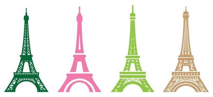 Colorful Eiffel Tower Icon Set with Green Pink Brown and Lime Paris Landmark Silhouettes for Travel Art Decoration and Design Use vector