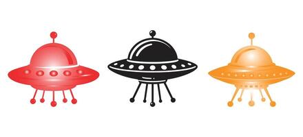 Colorful Cartoon UFO Flying Saucers Illustration Set Featuring Red Black and Orange Alien Spaceships with Antennas and Landing Legs vector