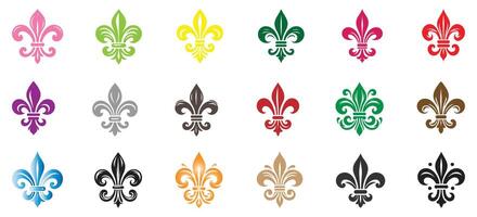 Colorful Fleur De Lis Icons Collection in Decorative Heraldic Style for Royal Emblem Design, Logo Elements, and Elegant Ornament Patterns vector