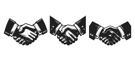Black and white vintage style business handshake illustrations showing partnership, agreement, collaboration and teamwork symbolism vector