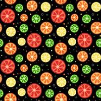Citrus pattern. Black background with colorful slices of orange, lemon, grapefruit and lime. Repeating summer design, print with simple fruit slices. vector