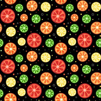 Citrus pattern. Black background with colorful slices of orange, lemon, grapefruit and lime. Repeating summer design, print with simple fruit slices.
