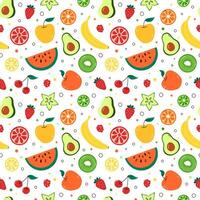 Fruit pattern. Seamless background with simple colorful fruits and berries, slices of lemon, kiwi, watermelon. Apples, strawberry, avocado and banana. Repeating summer food design, print. vector