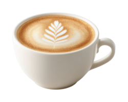 Latte art in white cup with leaf pattern on creamy coffee surface png