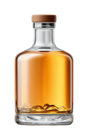 Glass bottle of amber whiskey with ice cubes on a transparent background png