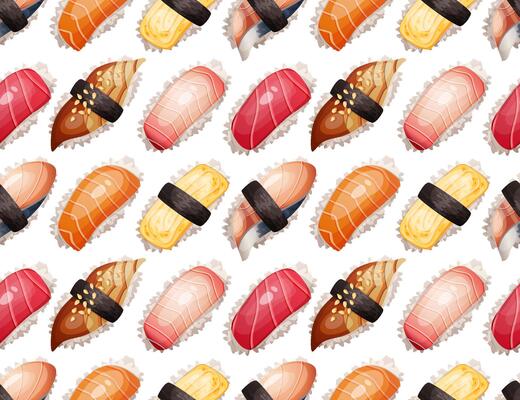 Seamless pattern of various fresh delicious nigiri sushi. Japanese traditional food. Asian cuisine. Background illustration of healthy food for bar, restaurant or takeout menu in cartoon style