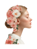 Profile of young caucasian female with floral headpiece and soft expression png