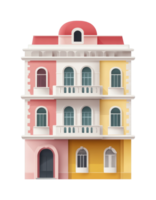 Charming multi-story building with colorful facade and arched windows png