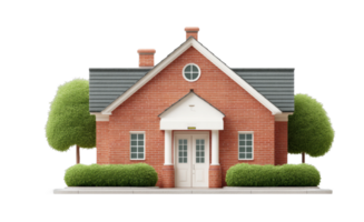 Charming brick house with symmetrical design and greenery png