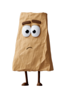 Cartoon paper bag character with expressive eyes and sad expression png