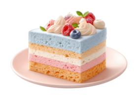 Tri-layered cake slice with berries and cream topping png