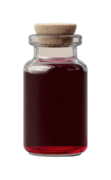 Glass bottle with cork stopper containing deep red liquid png