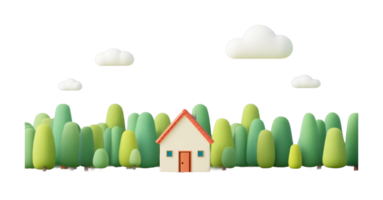 Charming house in whimsical forest landscape with fluffy clouds png