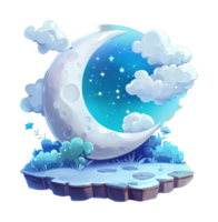 Whimsical night scene with crescent moon and clouds png