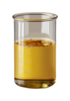 Glass beaker with amber liquid and measurement markings png