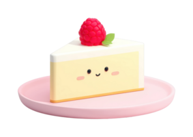 Cute cartoon cheesecake slice with raspberry topping on pink plate png
