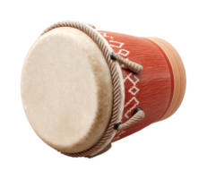 Traditional handcrafted djembe drum with rope tuning and textured patterns png