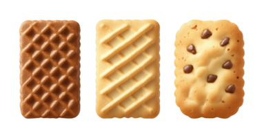 três variedades do retangular biscoitos com chocolate salgadinhos e decorativo padrões png