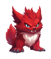 Fierce red fantasy creature with sharp teeth and fluffy mane png