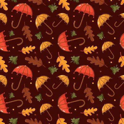 Umbrella, autumn leaves. Umbrella pattern. Rain protection on a dark background. Flat-style design.