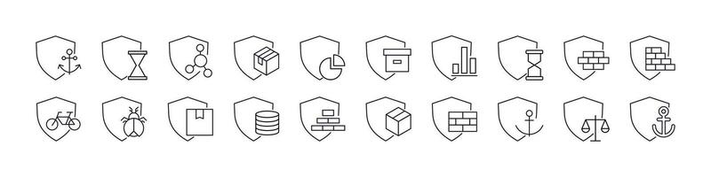 Box, Brick Wall, Anchor by Shield Thin Line Icon Set. Outline Signs for Graphic and Web Design, Apps, Adverts, Various Cards vector