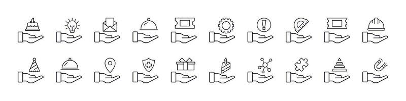 Helmet, Food, Mail etc on Hand Line Icon Set. Outline Signs for Graphic and Web Design, Apps, Adverts, Various Cards vector