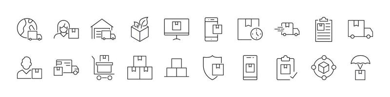 Collection of Delivery Related Line Icons. Truck, Box, Shipping Outline Signs for Graphic and Web Design, Apps, Adverts, Various Cards vector