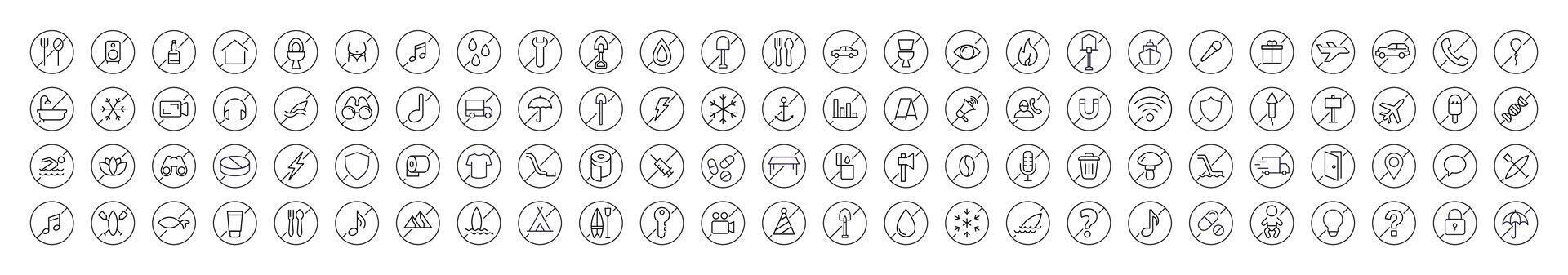 Pack of Forbidden Related Line Icons. Outline Signs for Graphic and Web Design, Apps, Adverts, Various Cards
