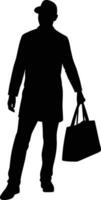Silhouette of a person with a shopping bag wearing a cap and coat. vector