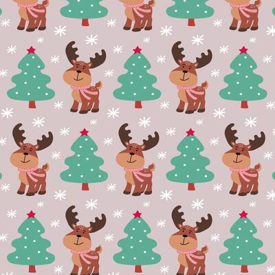 Festive pattern with cute Christmas deer and green Christmas trees. Merry festive background for wrapping paper or cover.