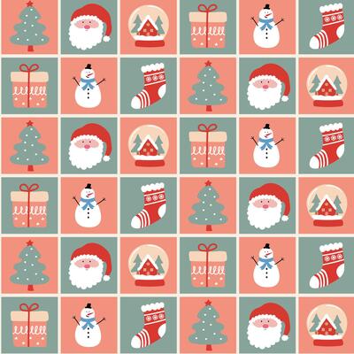 Repeating Christmas holiday pattern with Santa, snowman, tree and gifts. Festive winter seasonal background for greeting card.