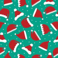 Seamless pattern with festive red santa hat and falling snow on teal background. vector