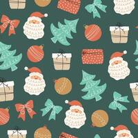 Christmas seamless pattern with Santa, gift box, tree, ball, bow elements. Holiday print for fabric, wrapping paper. vector