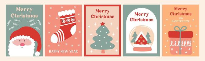 Festive Christmas and New Year greeting card collection with Santa Claus, stocking, tree, snow globe. vector
