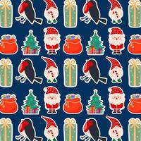 Christmas pattern with funny Santa, gnome, bird, gift and fir tree on blue background for holiday design. vector