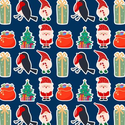 Christmas pattern with funny Santa, gnome, bird, gift and fir tree on blue background for holiday design.
