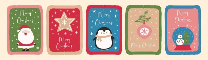 Set of five colorful retro style Christmas labels featuring Santa Claus, penguin, gingerbread and snow globe. vector