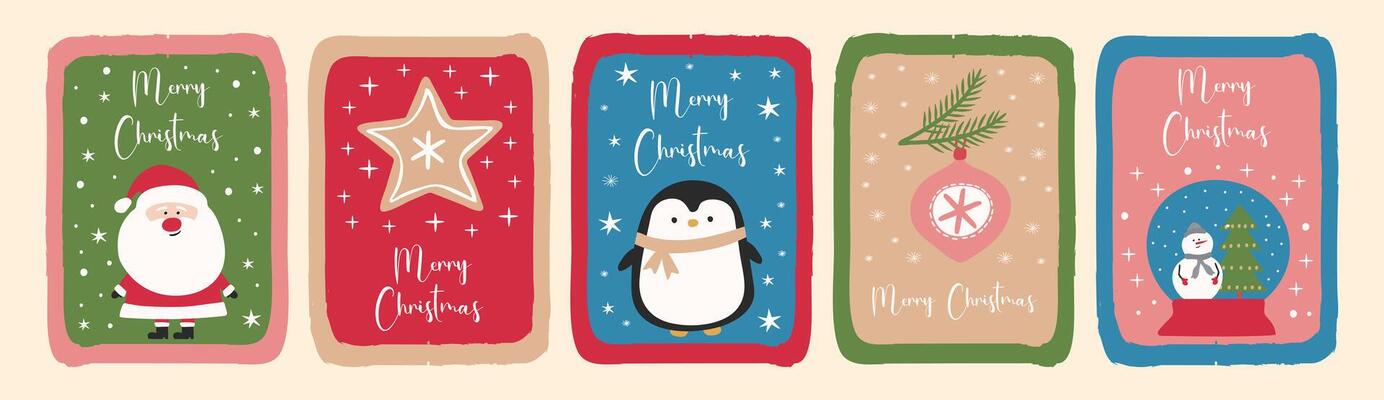 Set of five colorful retro style Christmas labels featuring Santa Claus, penguin, gingerbread and snow globe.