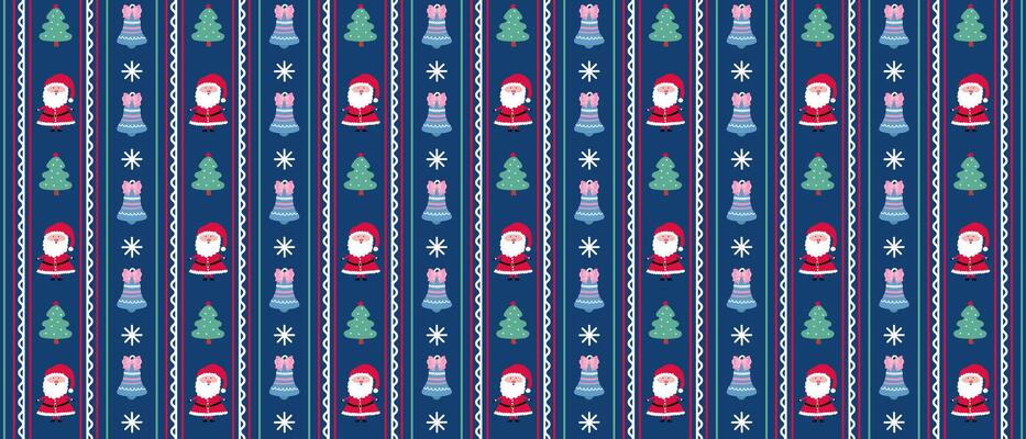 Christmas pattern with santa claus, tree, bell, snowflake.