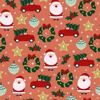 Seamless Christmas or New Year pattern with Santa Claus, Christmas tree in red car, holly, ornament, wreath, star. vector